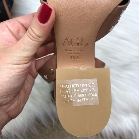 New AGL Tan Studded Ankle Wrap Leather Block Heels - Picture 6 of 14